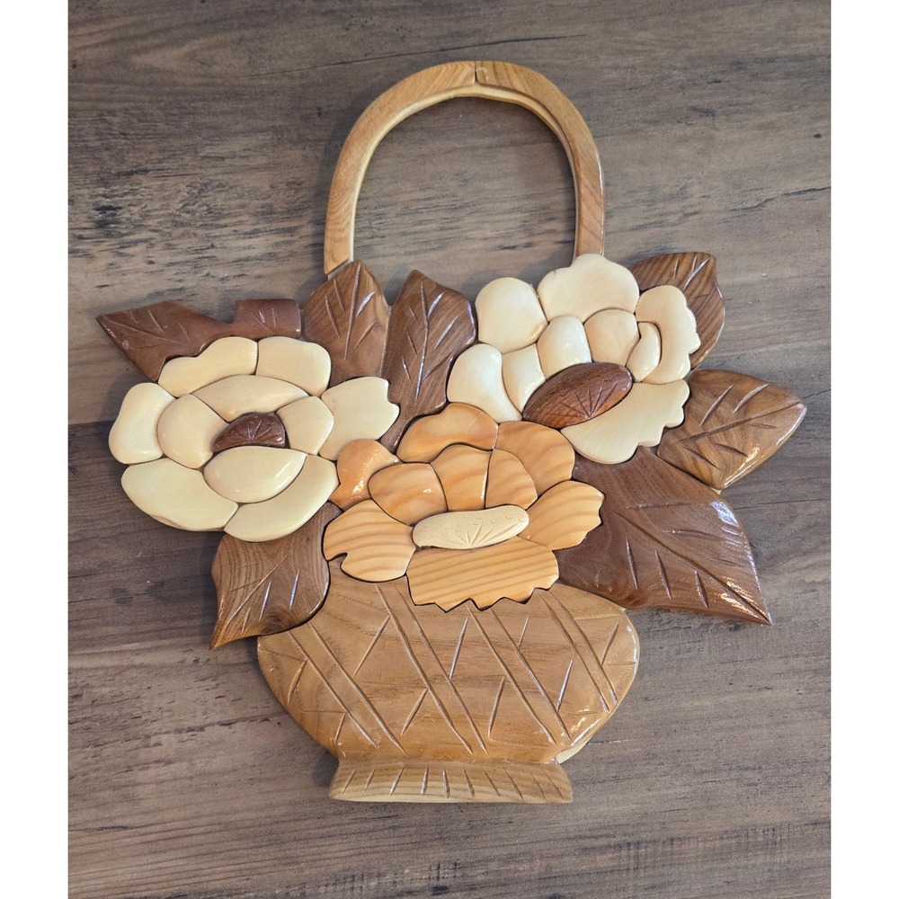 Vintage Aloha From Hawaii Wood Intarsia Floral Vase Wall Hanging Decor Carved